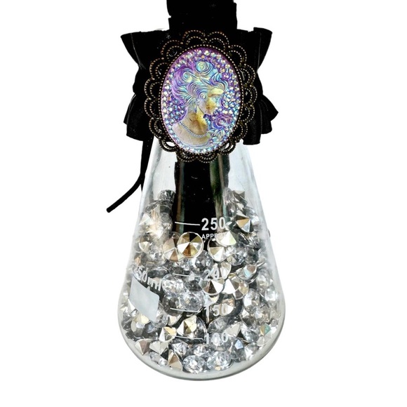 Iridescent Cameo Adorned Science Beaker Dark Ruffles Vase w/ Filler - Picture 7 of 13